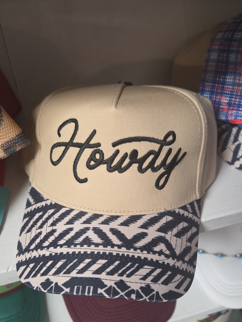 Howdy Script Cap with Patterned Brim - Beige & Black